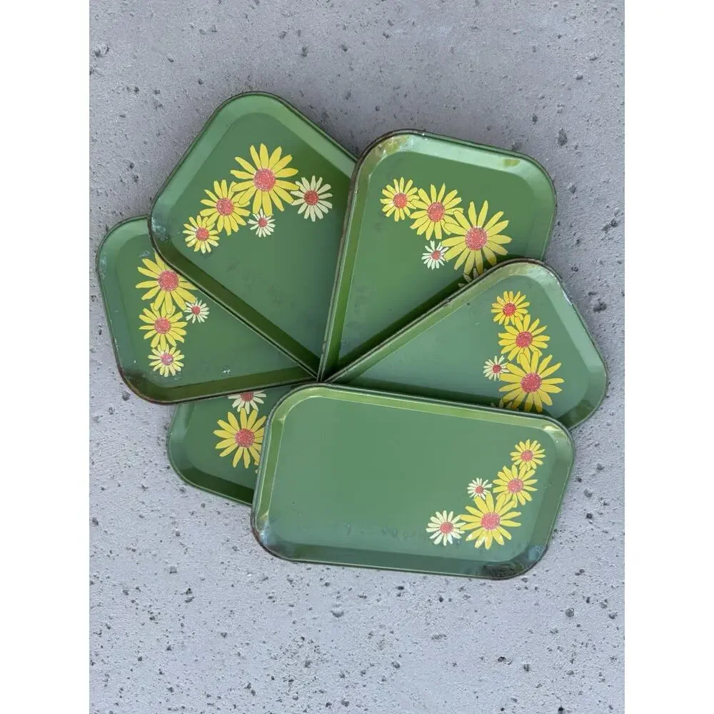 Set of 6 Vintage 60s Metal Tin Trays Avocado Green Daisy Floral Stacking Boho